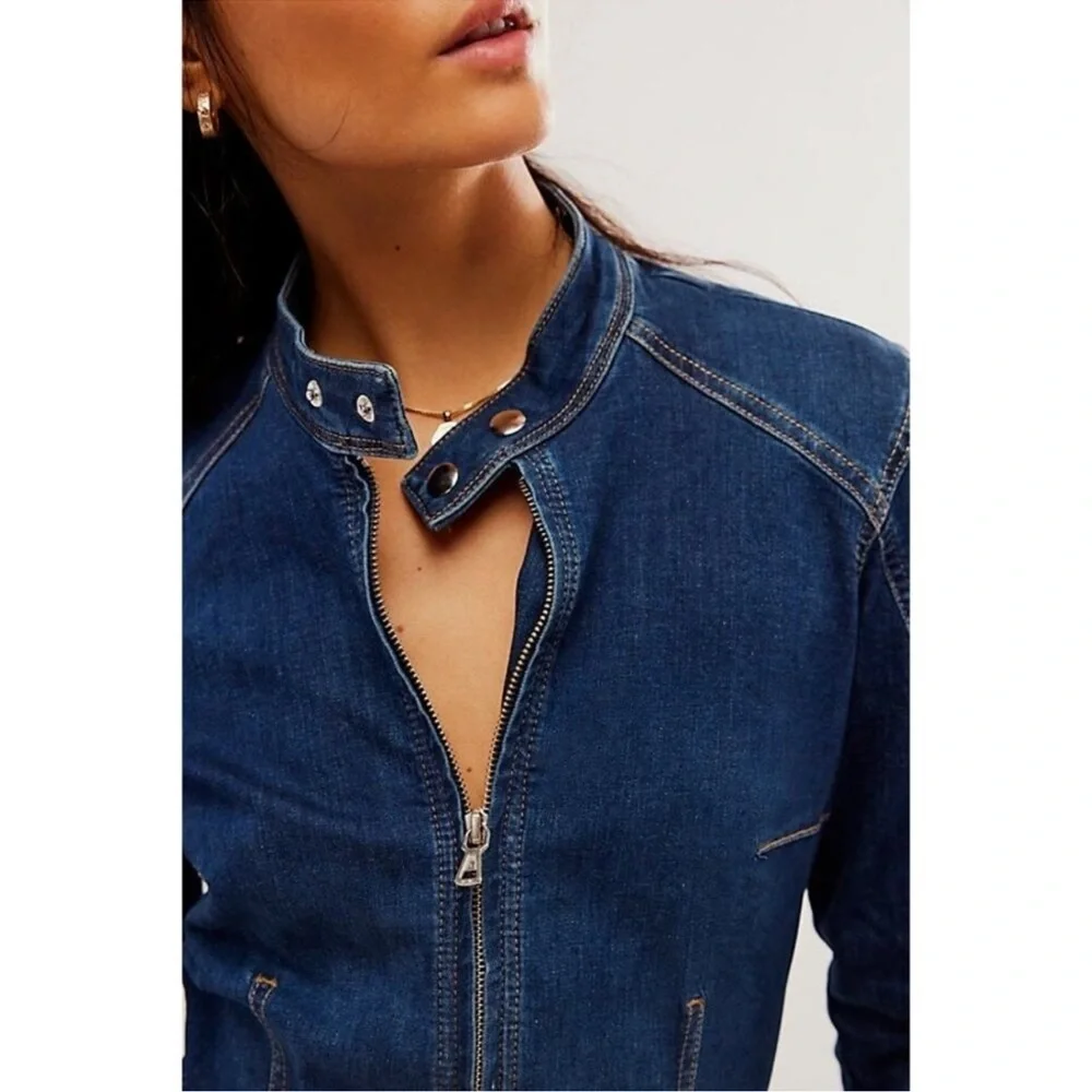 NEW Free People We The Free On The Run Moto Playsuit Blue Denim Romper S